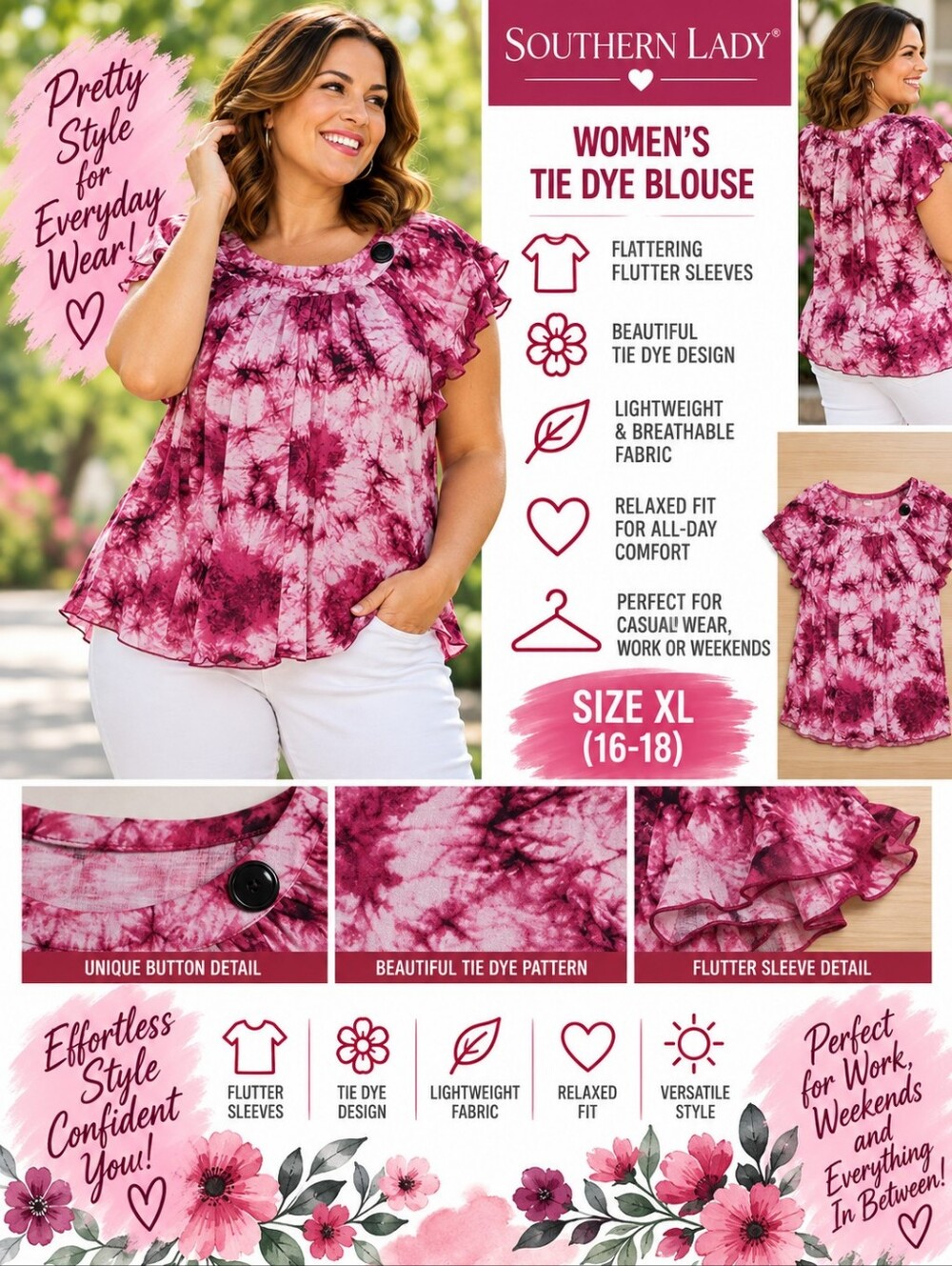 Southern lady Women's XL Pink tie dye blouse #35